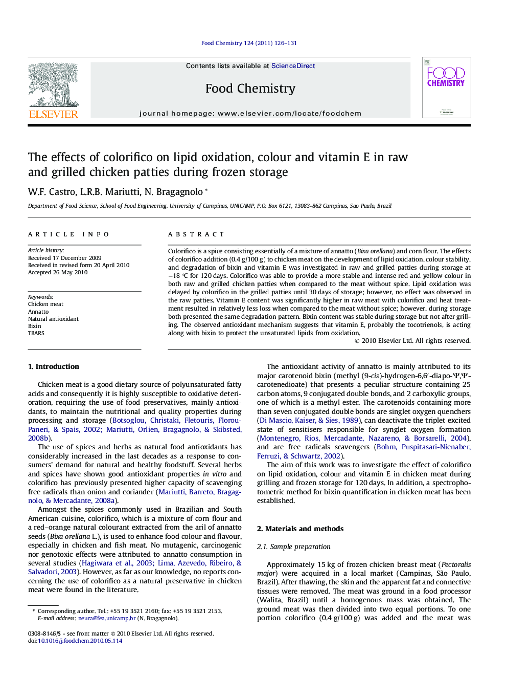 عکس صفحه اول مقاله: The effects of colorifico on lipid oxidation, colour and vitamin E in raw and grilled chicken patties during frozen storage The effects of colorifico on lipid oxidation, colour and vitamin E in raw and grilled chicken patties during frozen storage