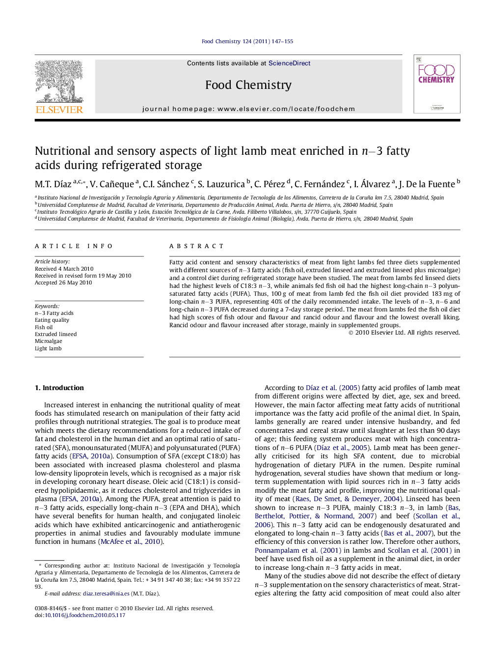 Nutritional and sensory aspects of light lamb meat enriched in n−3 fatty acids during refrigerated storage