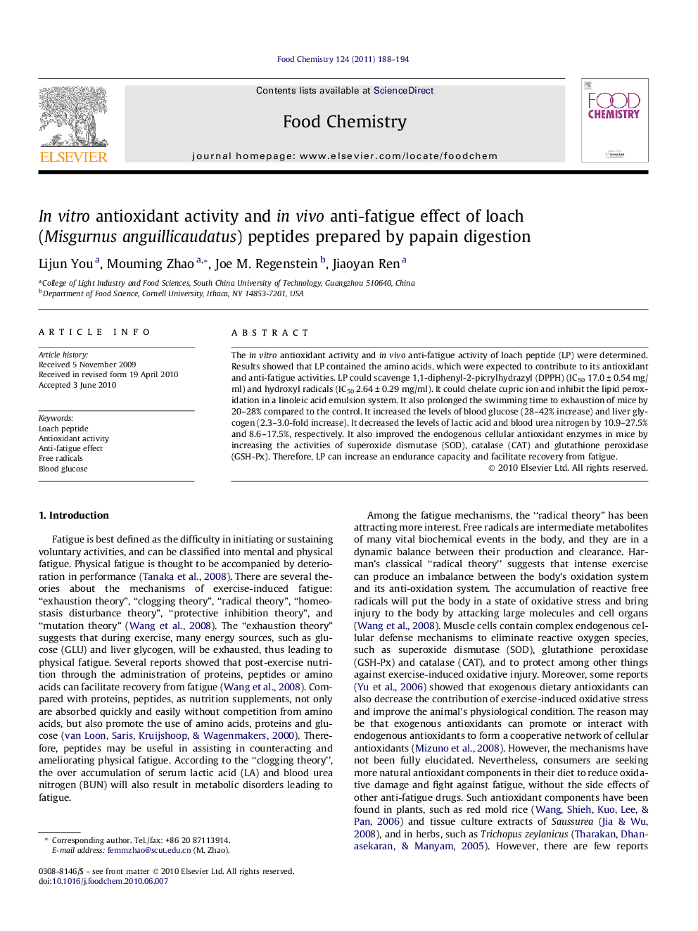 In vitro antioxidant activity and in vivo anti-fatigue effect of loach (Misgurnus anguillicaudatus) peptides prepared by papain digestion