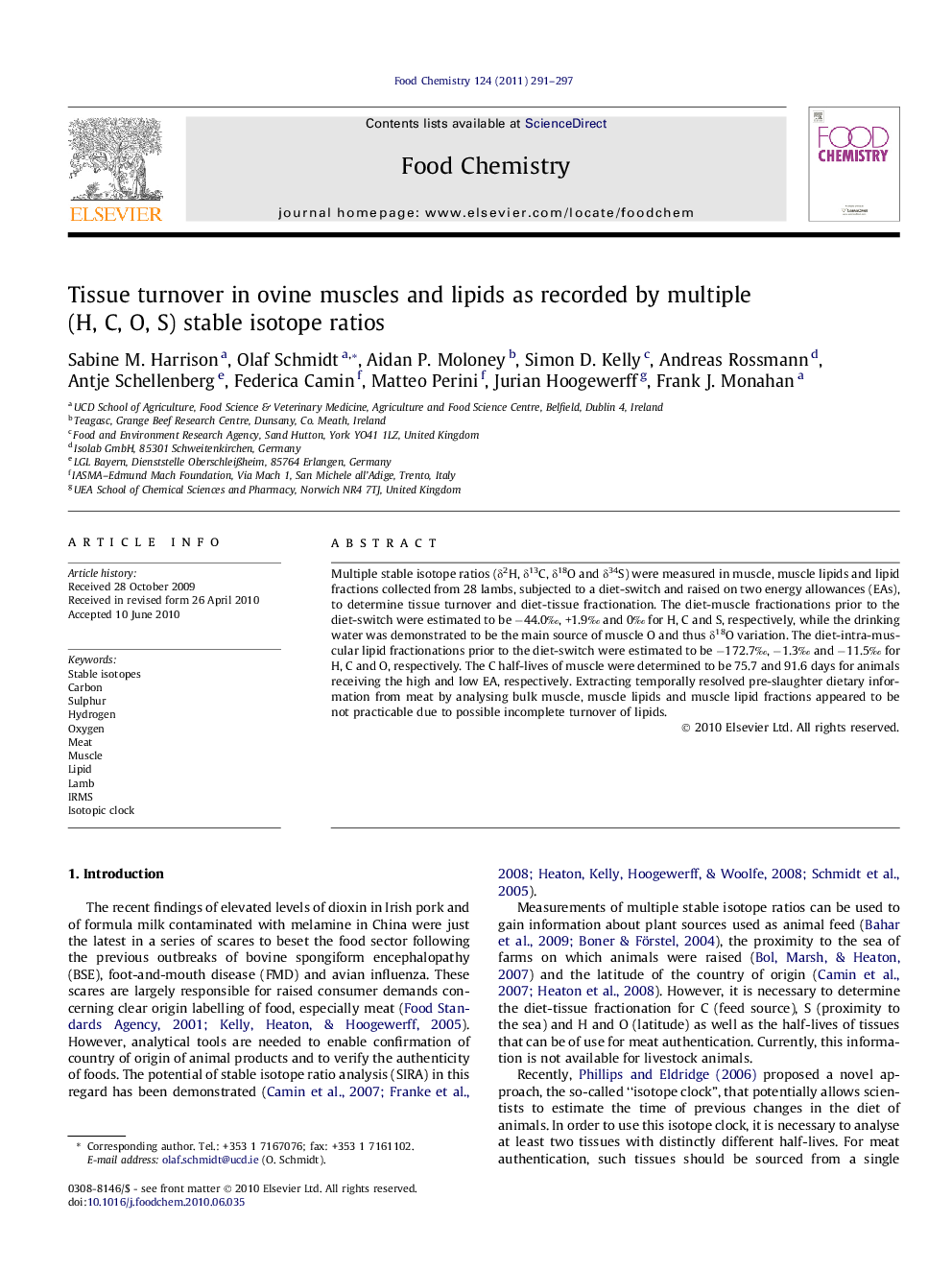 Tissue turnover in ovine muscles and lipids as recorded by multiple (H, C, O, S) stable isotope ratios