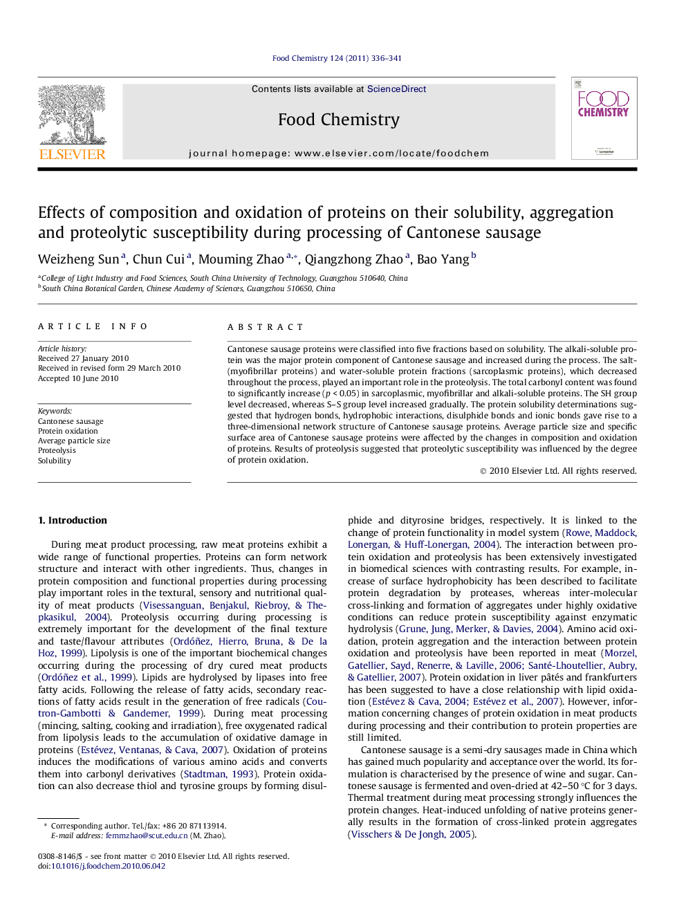 Effects of composition and oxidation of proteins on their solubility, aggregation and proteolytic susceptibility during processing of Cantonese sausage