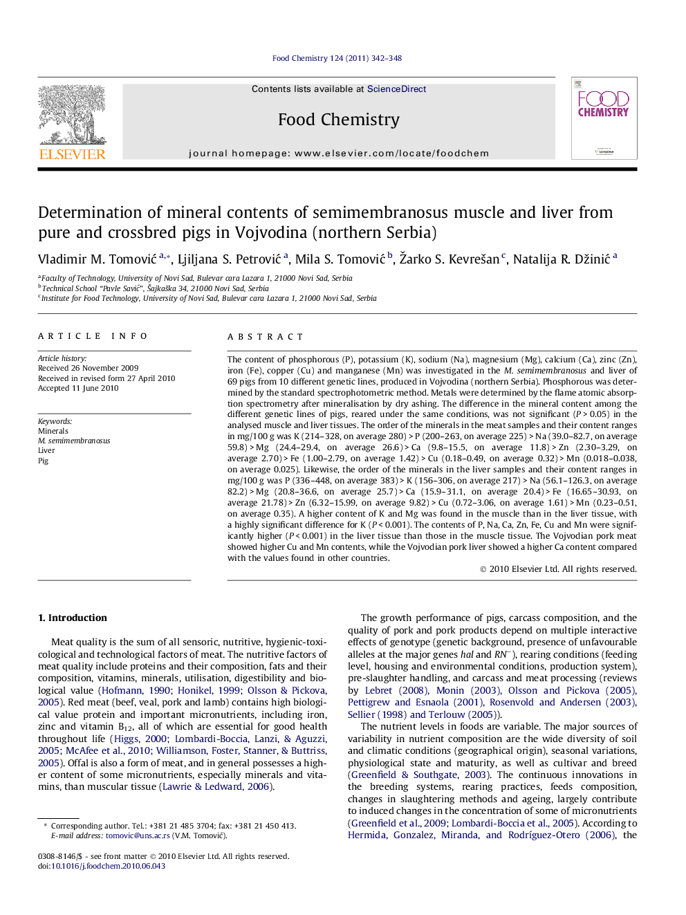 Determination of mineral contents of semimembranosus muscle and liver from pure and crossbred pigs in Vojvodina (northern Serbia)