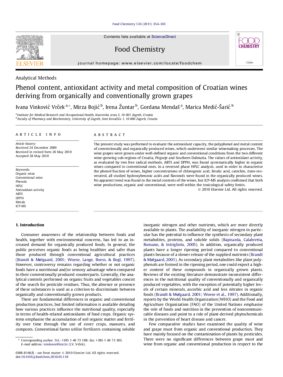 عکس صفحه اول مقاله: Phenol content, antioxidant activity and metal composition of Croatian wines deriving from organically and conventionally grown grapes Phenol content, antioxidant activity and metal composition of Croatian wines deriving from organically and conventionally grown grapes