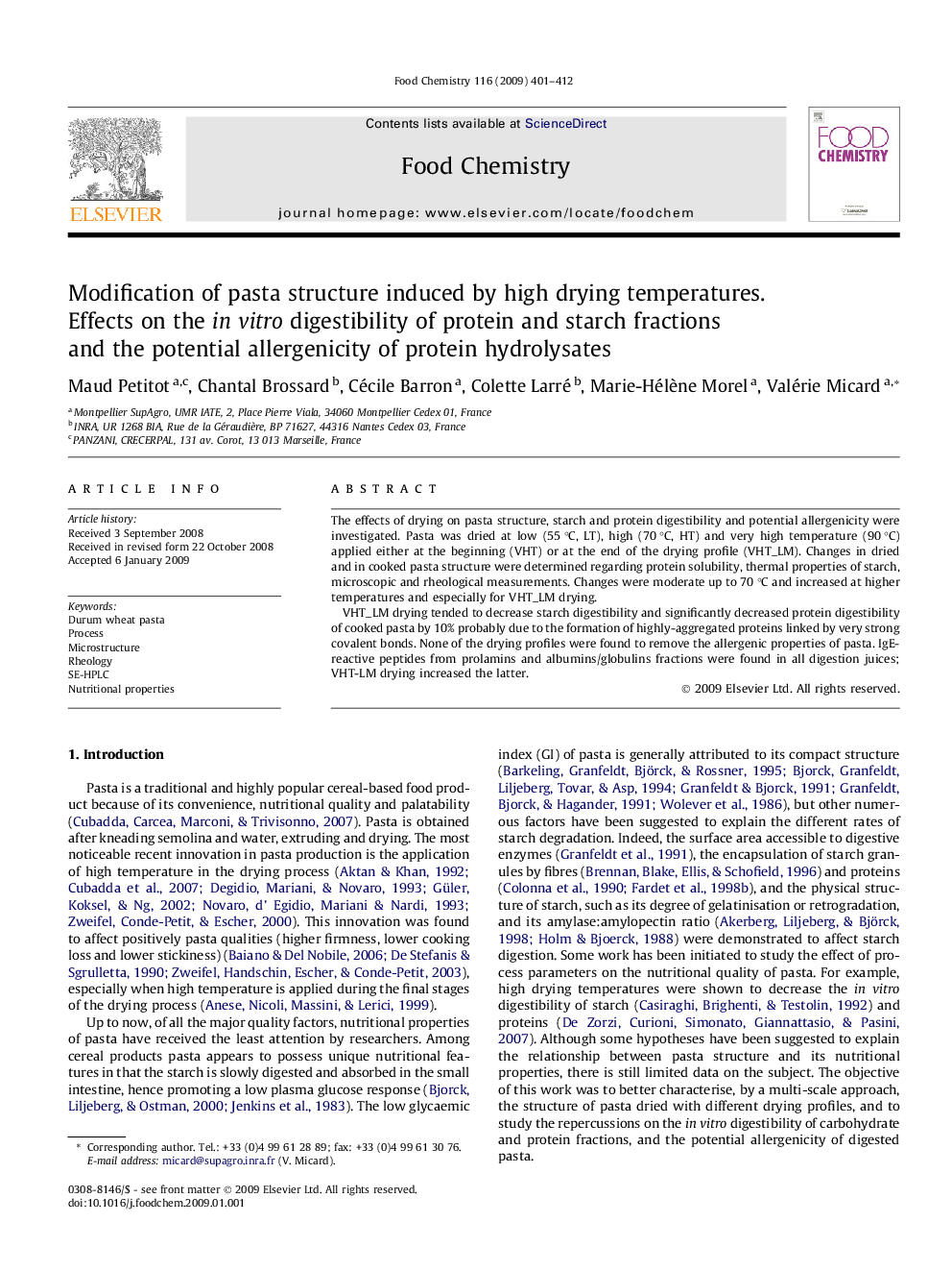 Modification of pasta structure induced by high drying temperatures. Effects on the in vitro digestibility of protein and starch fractions and the potential allergenicity of protein hydrolysates