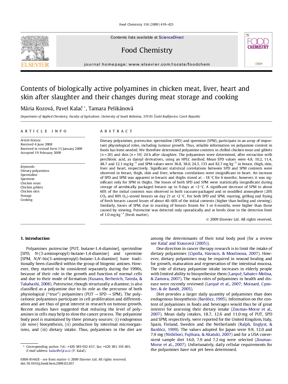 Contents of biologically active polyamines in chicken meat, liver, heart and skin after slaughter and their changes during meat storage and cooking