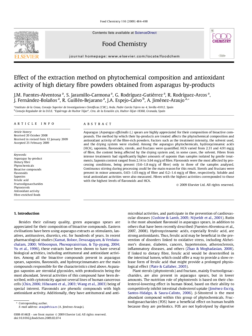 Effect of the extraction method on phytochemical composition and antioxidant activity of high dietary fibre powders obtained from asparagus by-products