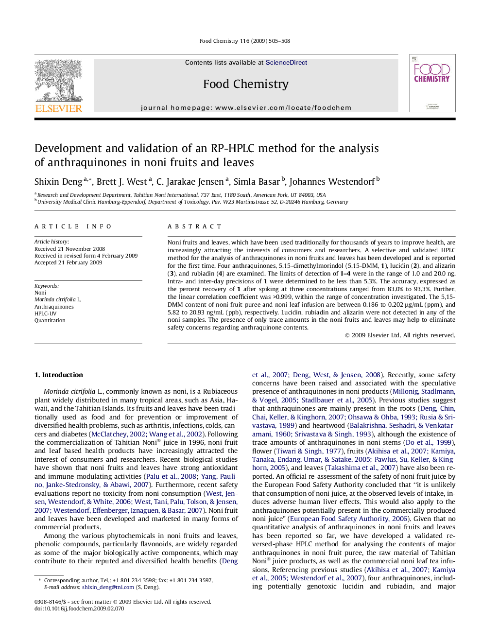 Development and validation of an RP-HPLC method for the analysis of anthraquinones in noni fruits and leaves