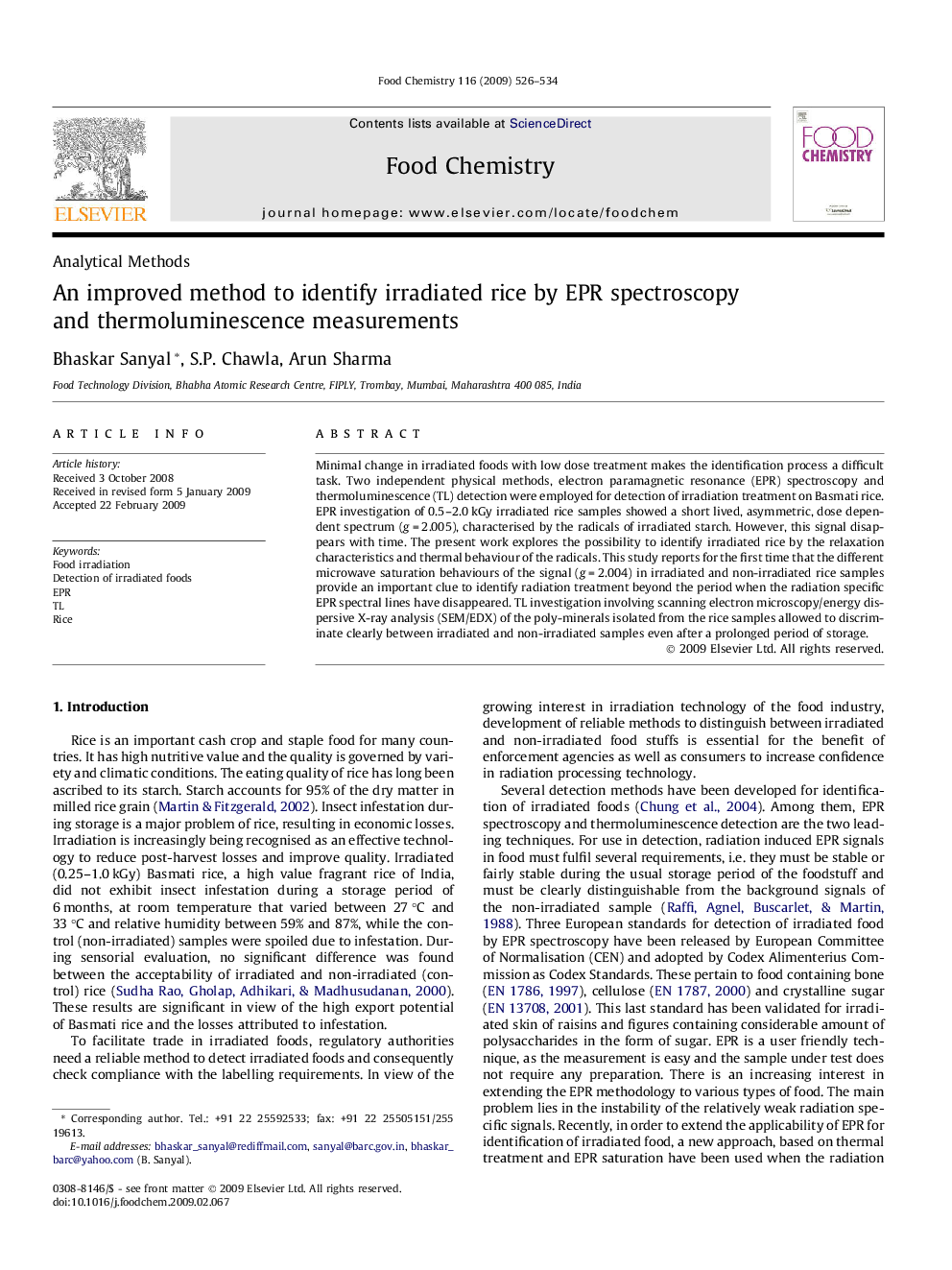 An improved method to identify irradiated rice by EPR spectroscopy and thermoluminescence measurements