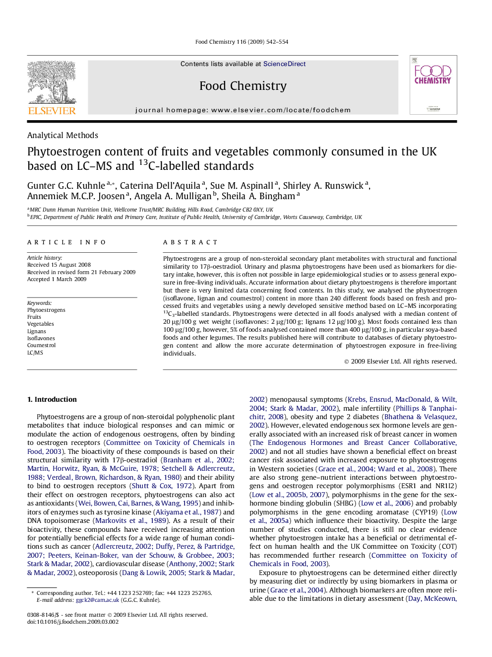 Phytoestrogen content of fruits and vegetables commonly consumed in the UK based on LC–MS and 13C-labelled standards