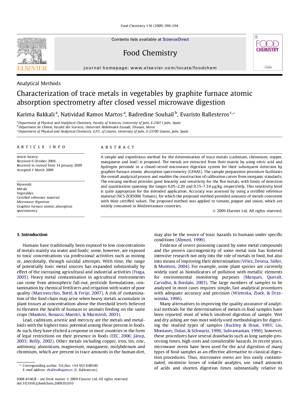 Characterization of trace metals in vegetables by graphite furnace atomic absorption spectrometry after closed vessel microwave digestion