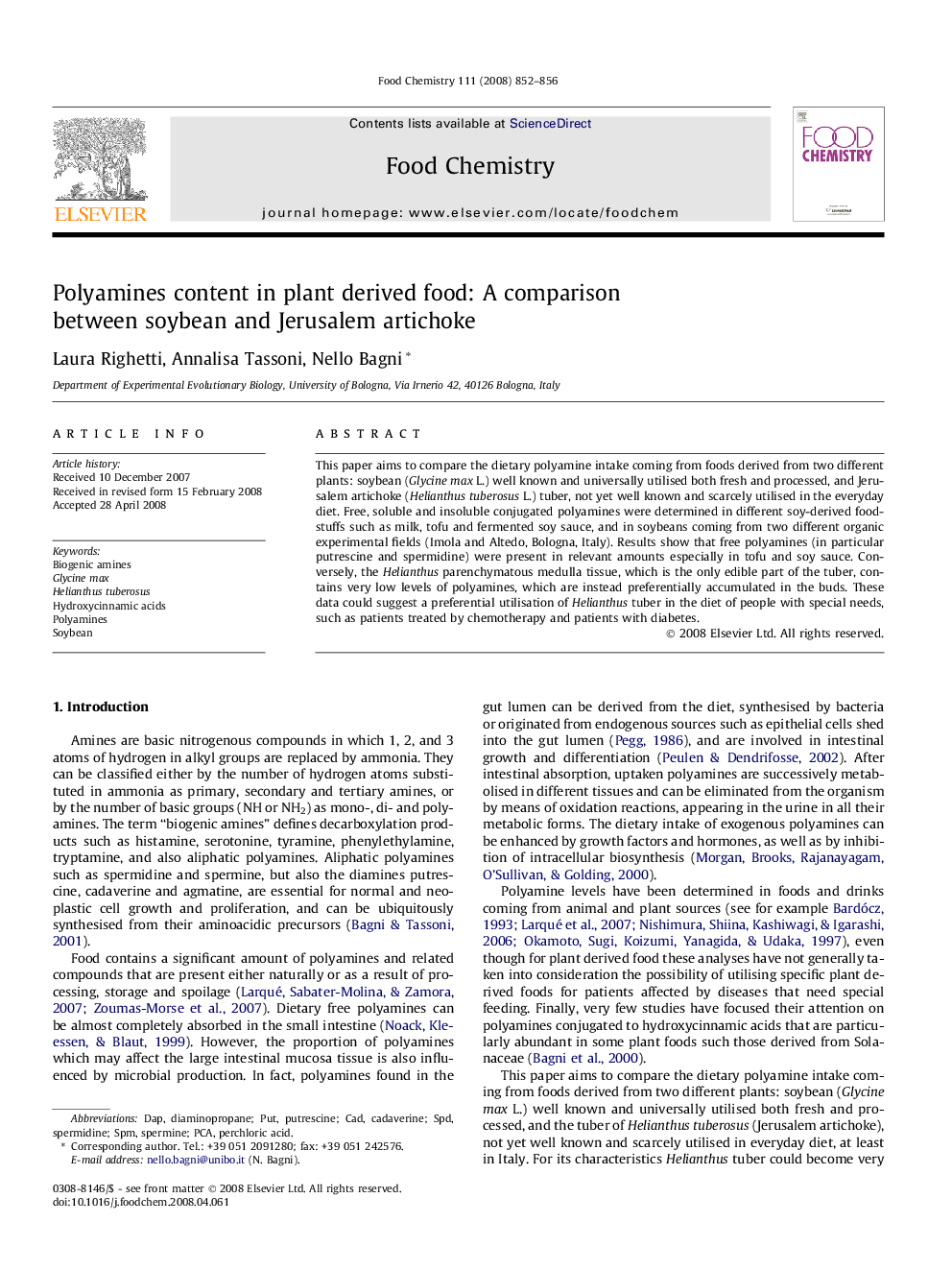 Polyamines content in plant derived food: A comparison between soybean and Jerusalem artichoke