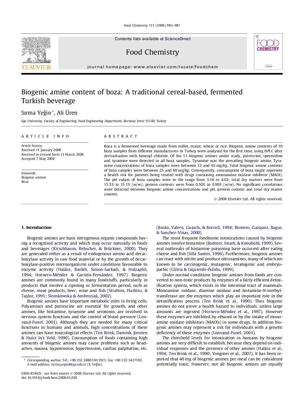 Biogenic amine content of boza: A traditional cereal-based, fermented Turkish beverage