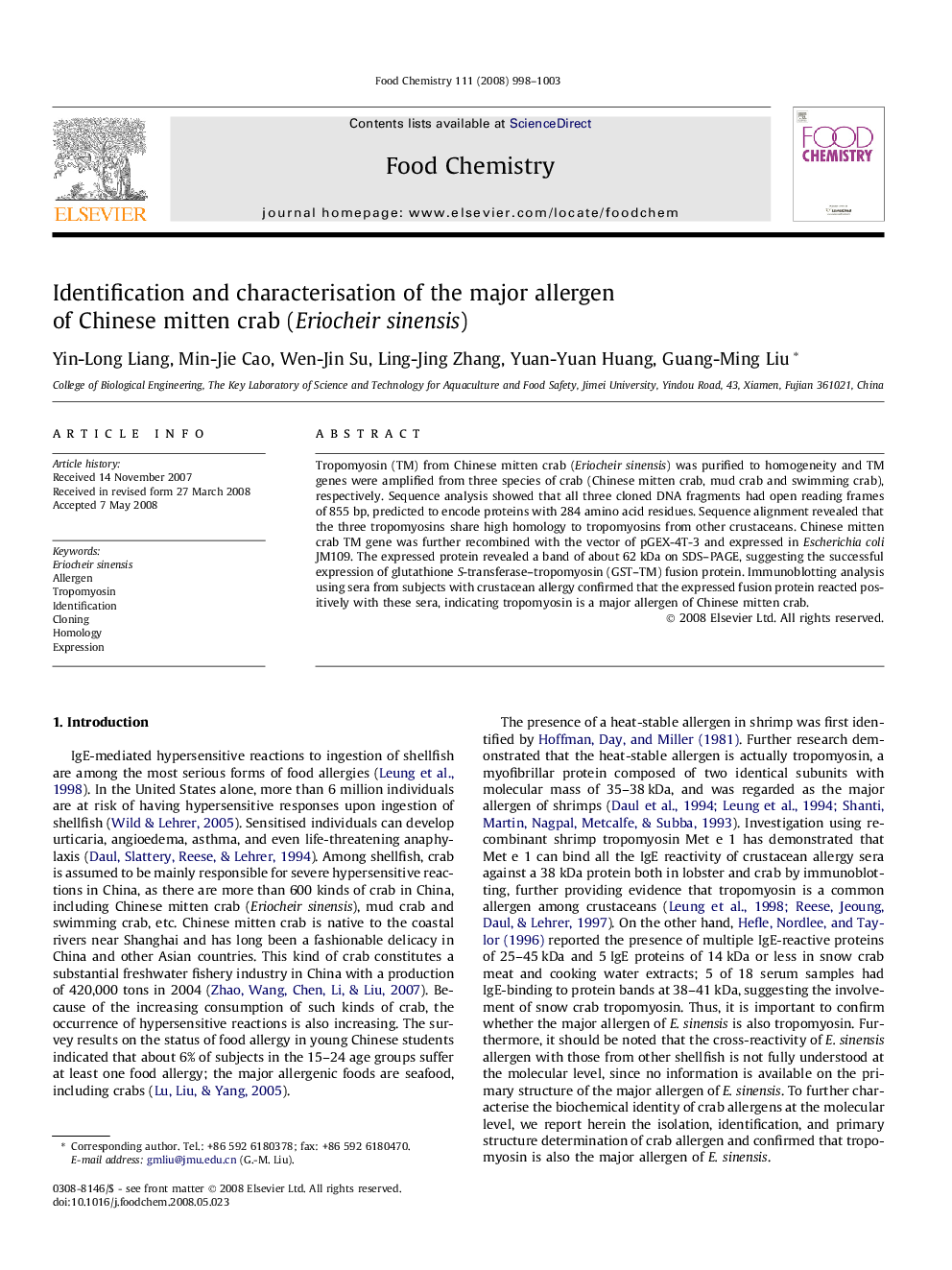 عکس صفحه اول مقاله: Identification and characterisation of the major allergen of Chinese mitten crab (Eriocheir sinensis) Identification and characterisation of the major allergen of Chinese mitten crab (Eriocheir sinensis)