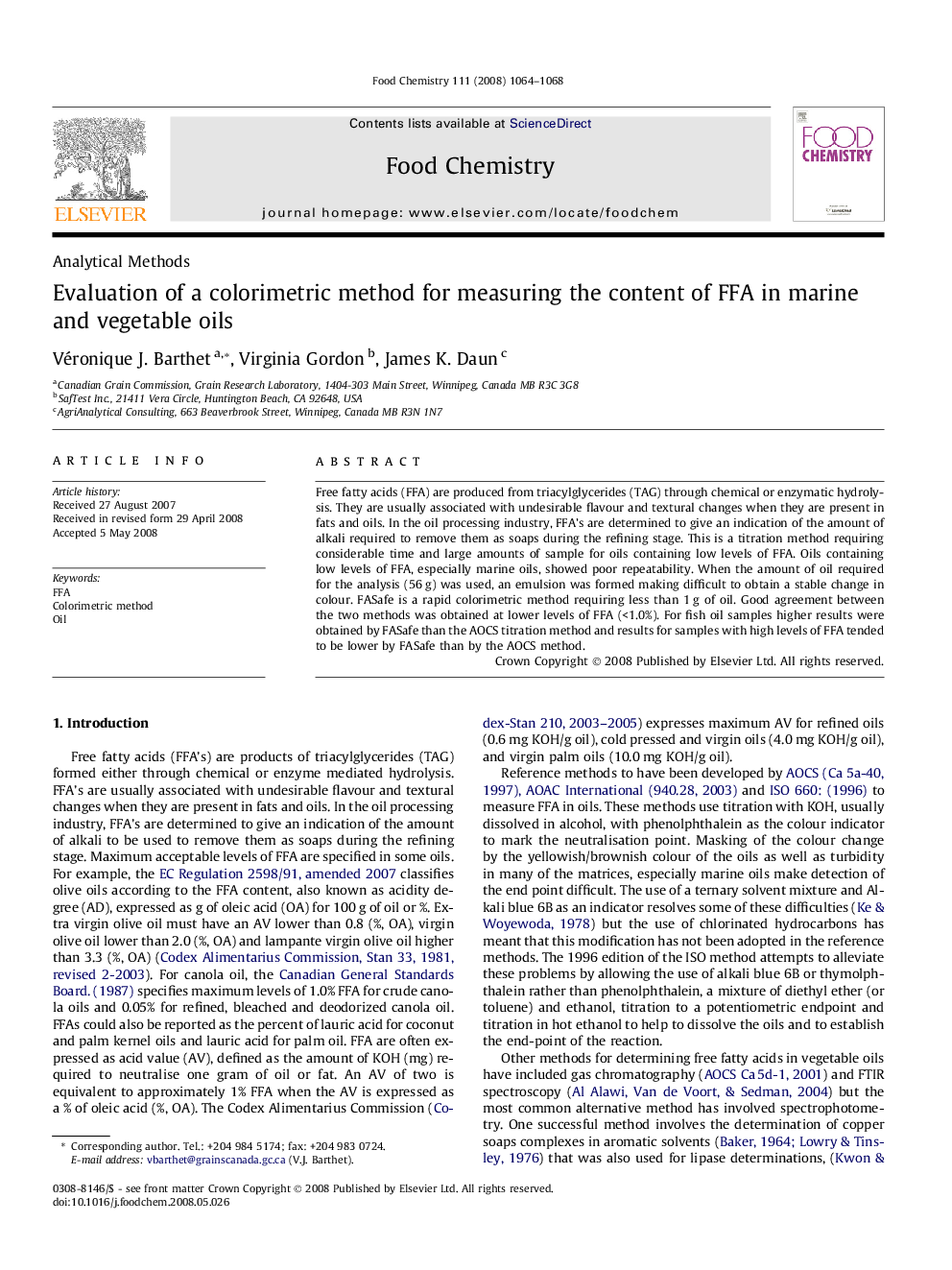 Evaluation of a colorimetric method for measuring the content of FFA in marine and vegetable oils