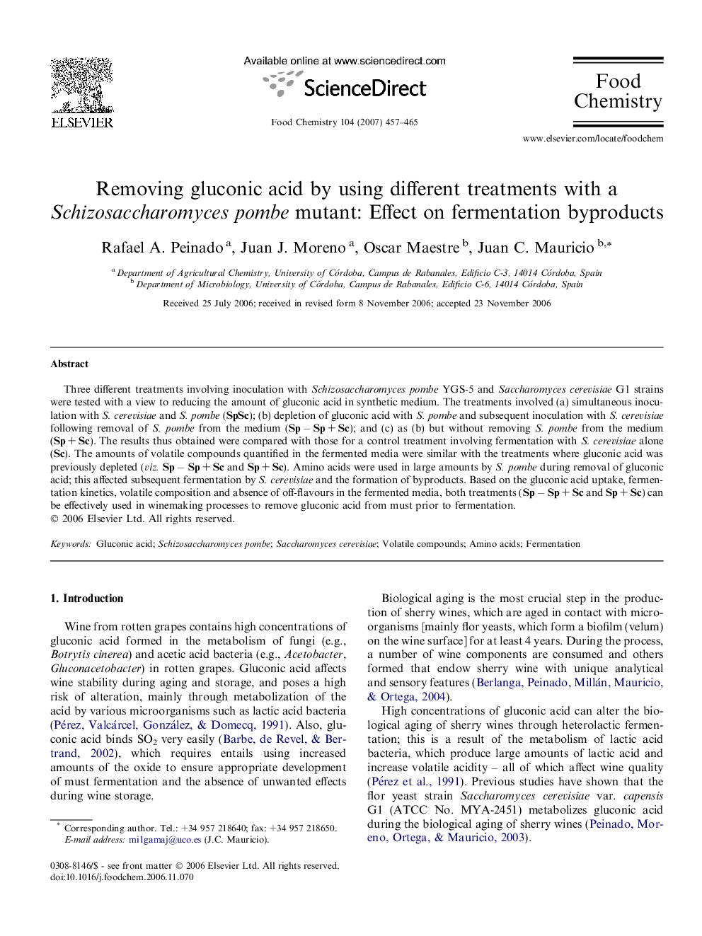 Removing gluconic acid by using different treatments with a Schizosaccharomyces pombe mutant: Effect on fermentation byproducts