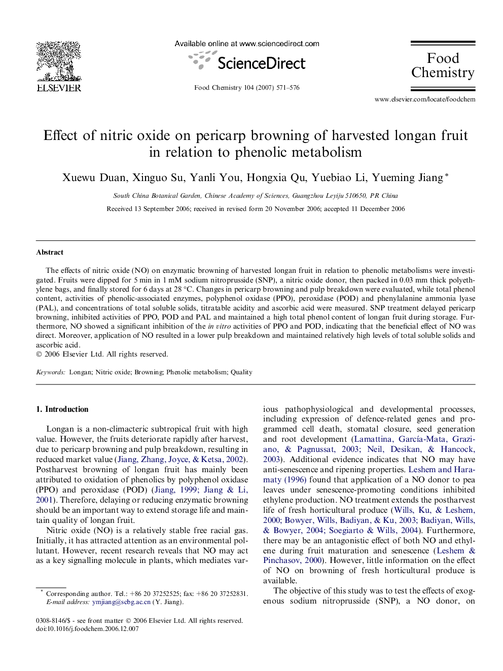 Effect of nitric oxide on pericarp browning of harvested longan fruit in relation to phenolic metabolism