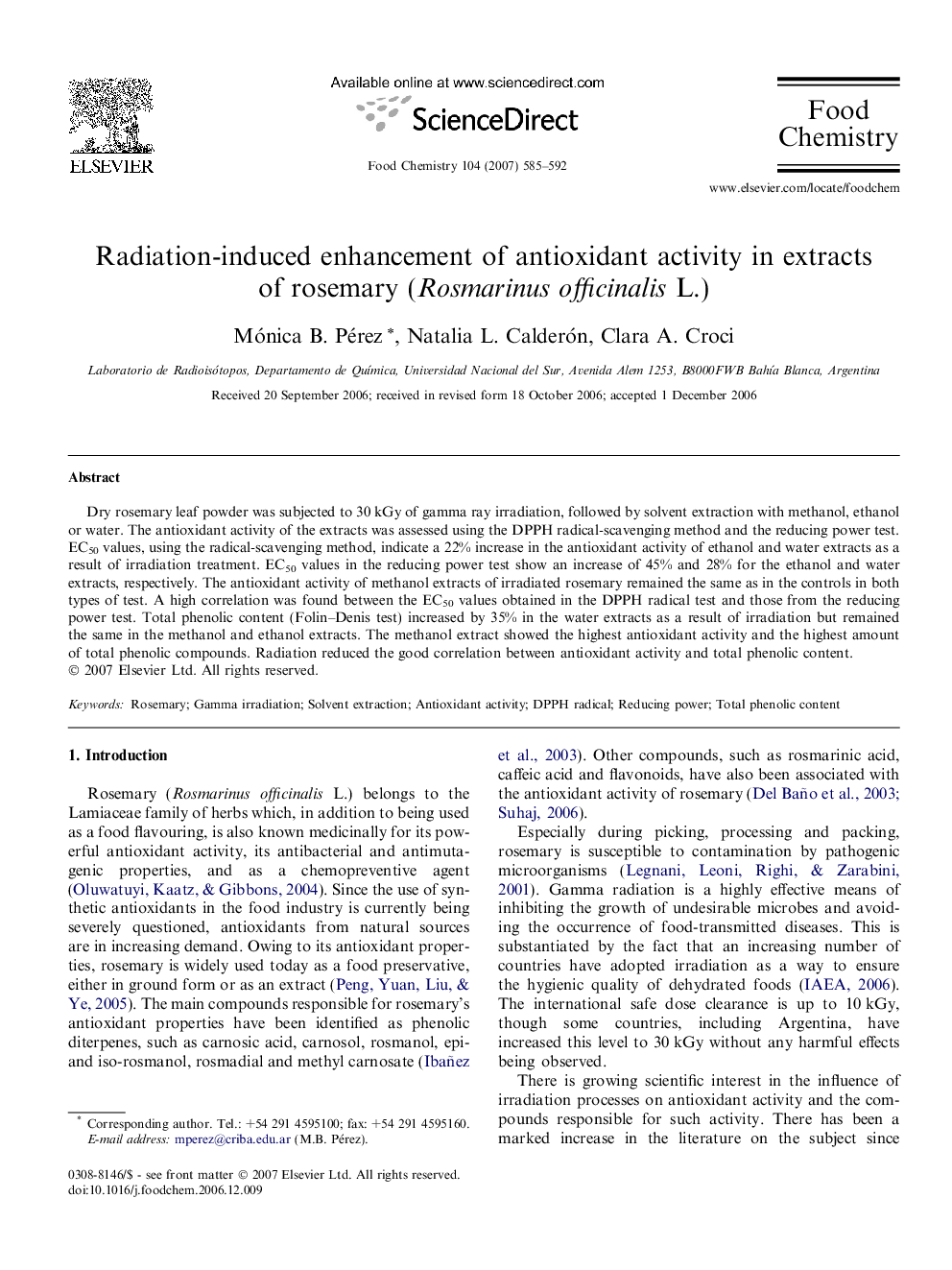 Radiation-induced enhancement of antioxidant activity in extracts of rosemary (Rosmarinus officinalis L.)