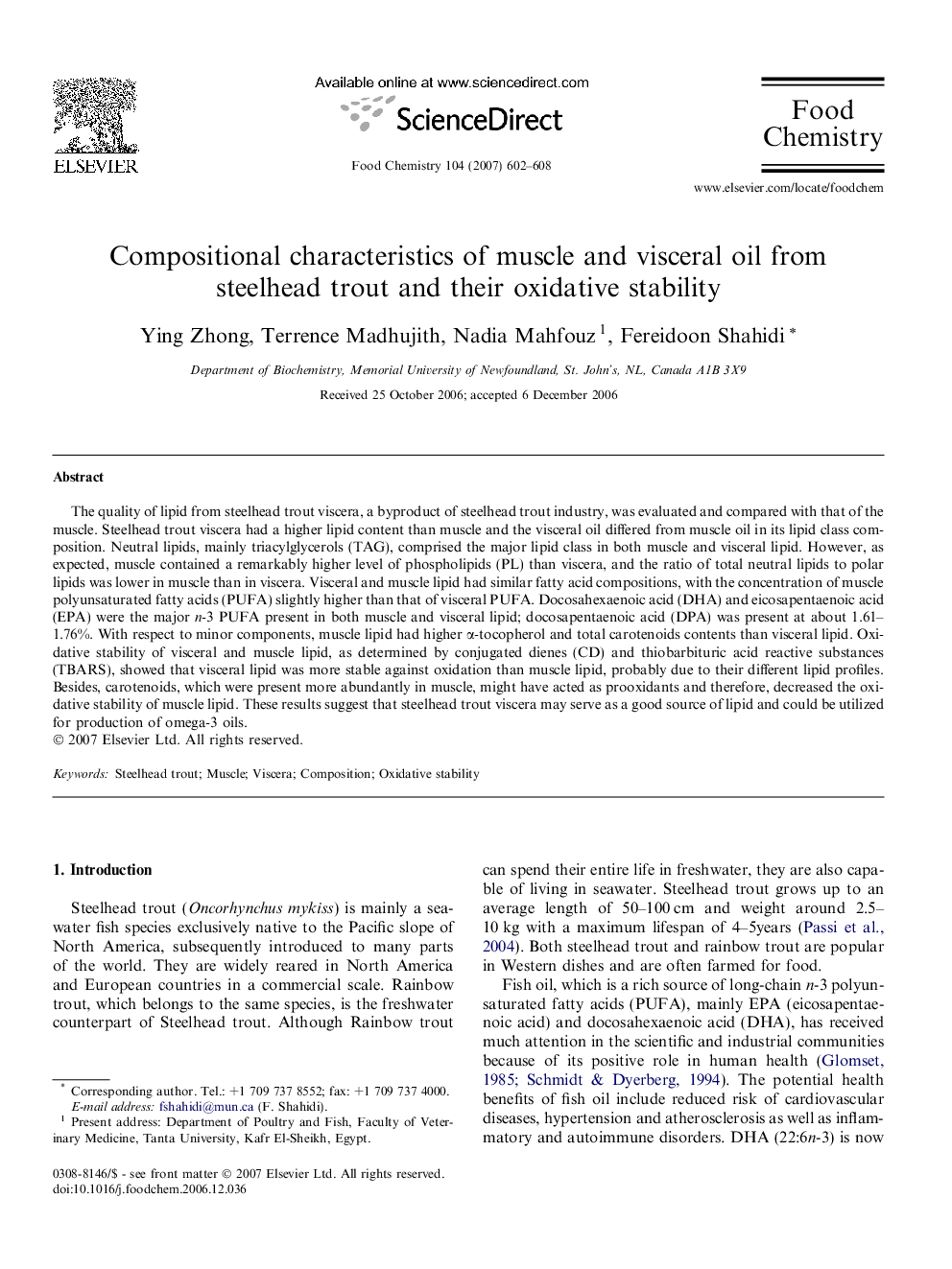 Compositional characteristics of muscle and visceral oil from steelhead trout and their oxidative stability