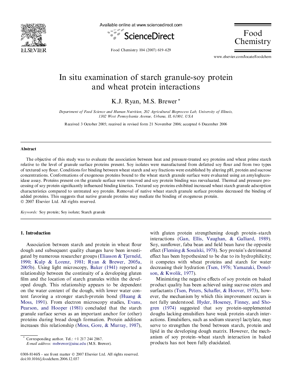 In situ examination of starch granule-soy protein and wheat protein interactions