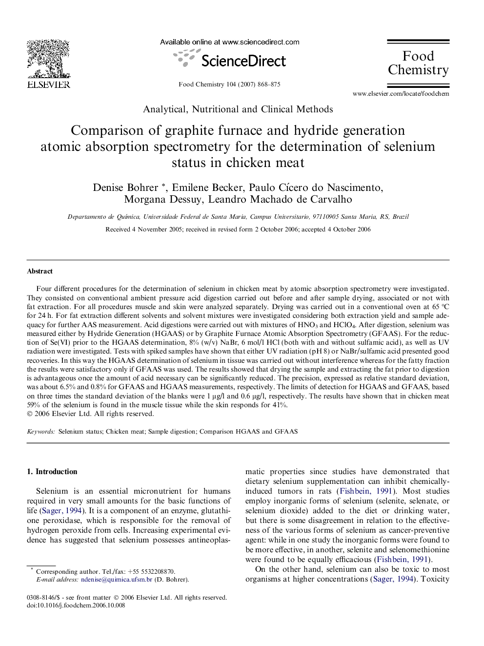 Comparison of graphite furnace and hydride generation atomic absorption spectrometry for the determination of selenium status in chicken meat