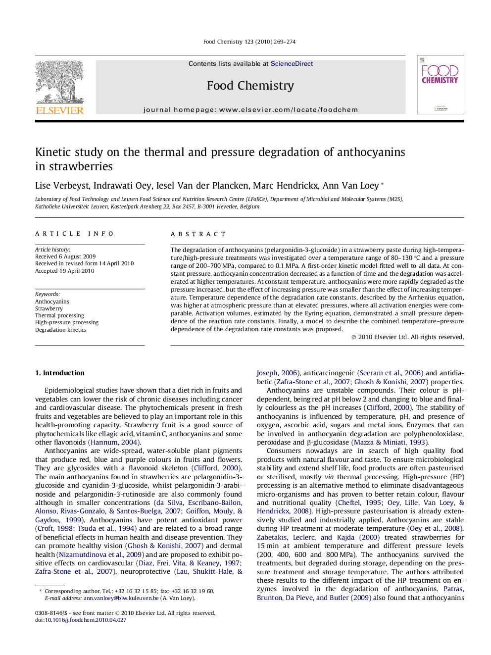 Kinetic study on the thermal and pressure degradation of anthocyanins in strawberries