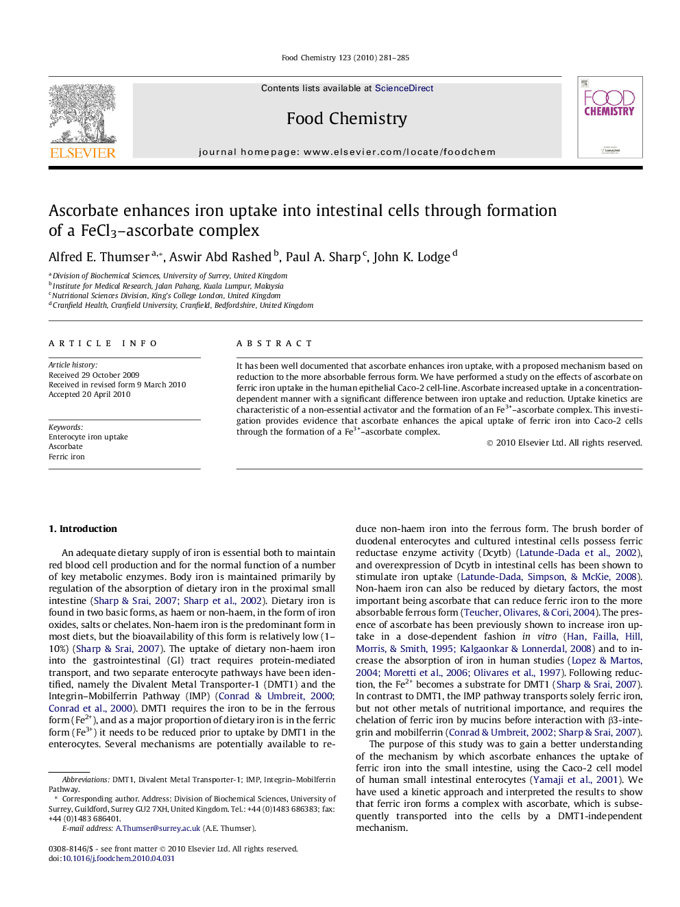 Ascorbate enhances iron uptake into intestinal cells through formation of a FeCl3–ascorbate complex