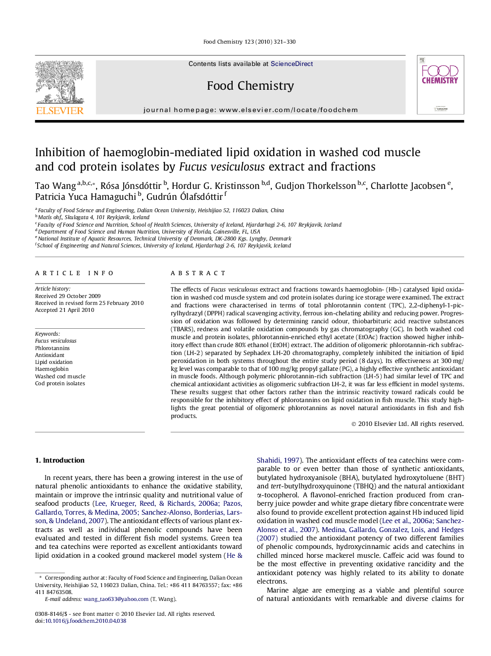 Inhibition of haemoglobin-mediated lipid oxidation in washed cod muscle and cod protein isolates by Fucus vesiculosus extract and fractions