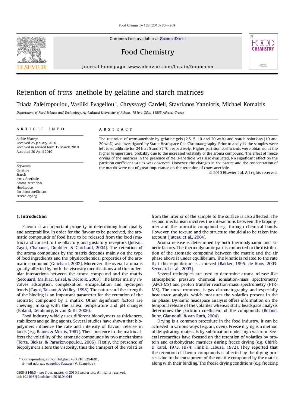 Retention of trans-anethole by gelatine and starch matrices