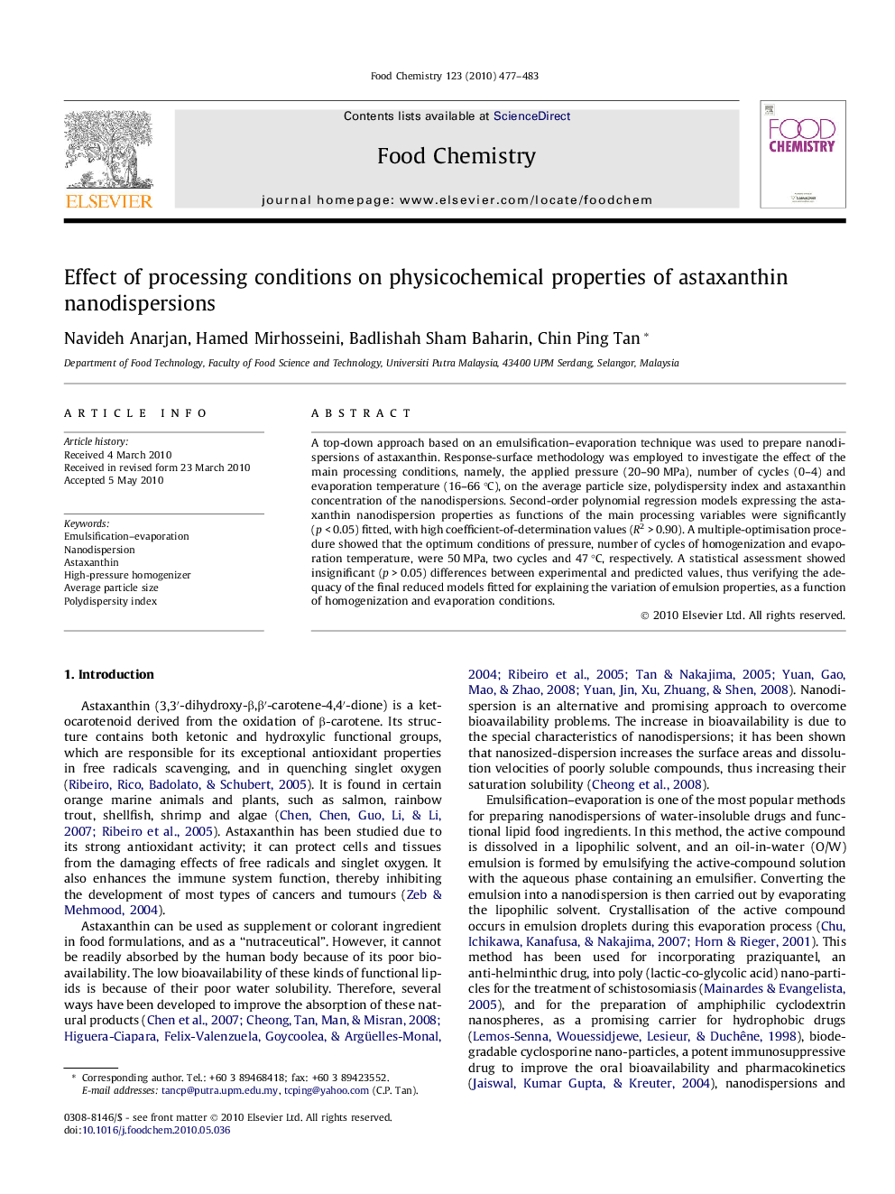 Effect of processing conditions on physicochemical properties of astaxanthin nanodispersions