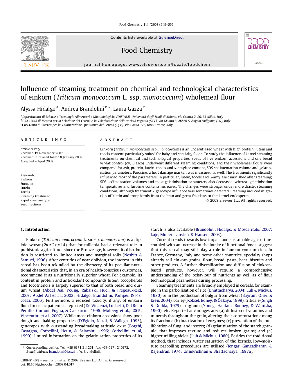 Influence of steaming treatment on chemical and technological characteristics of einkorn (Triticum monococcum L. ssp. monococcum) wholemeal flour