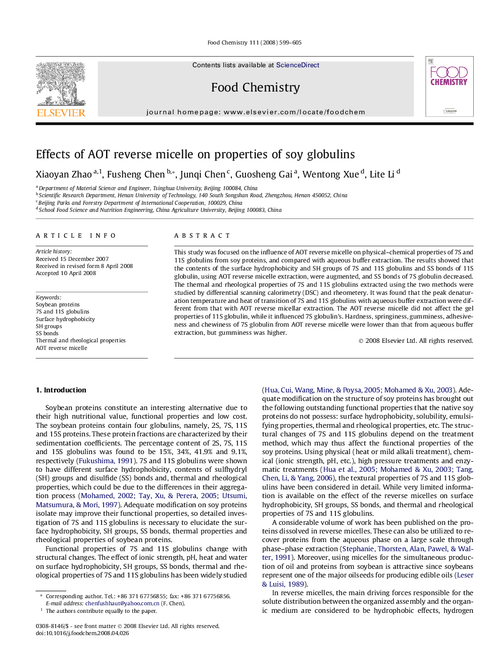 Effects of AOT reverse micelle on properties of soy globulins