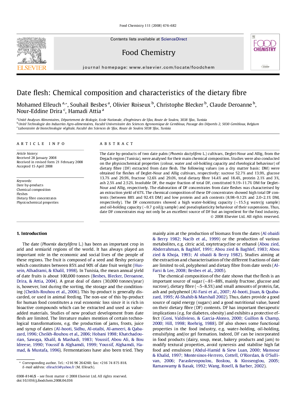 Date flesh: Chemical composition and characteristics of the dietary fibre