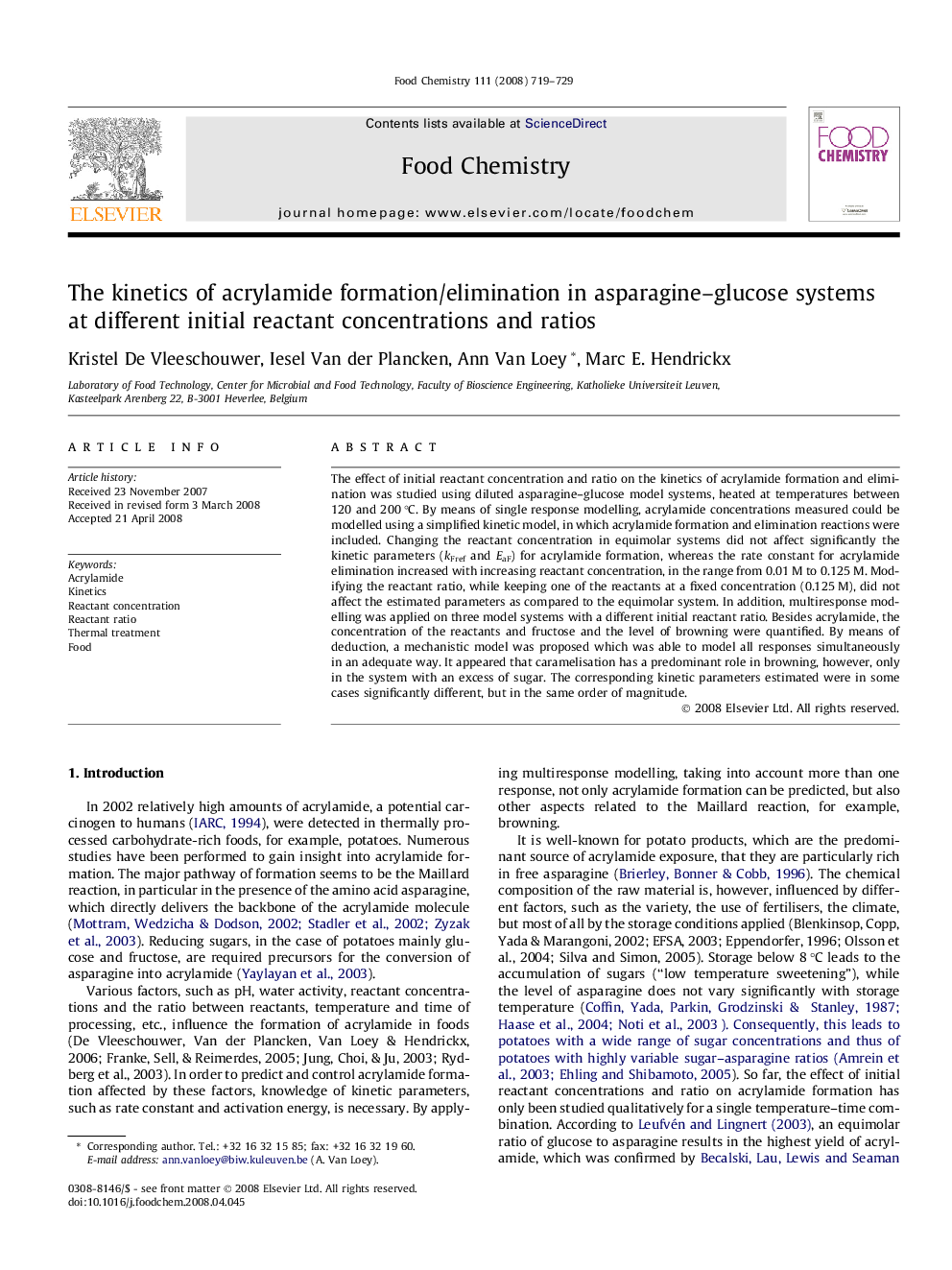 The kinetics of acrylamide formation/elimination in asparagine–glucose systems at different initial reactant concentrations and ratios