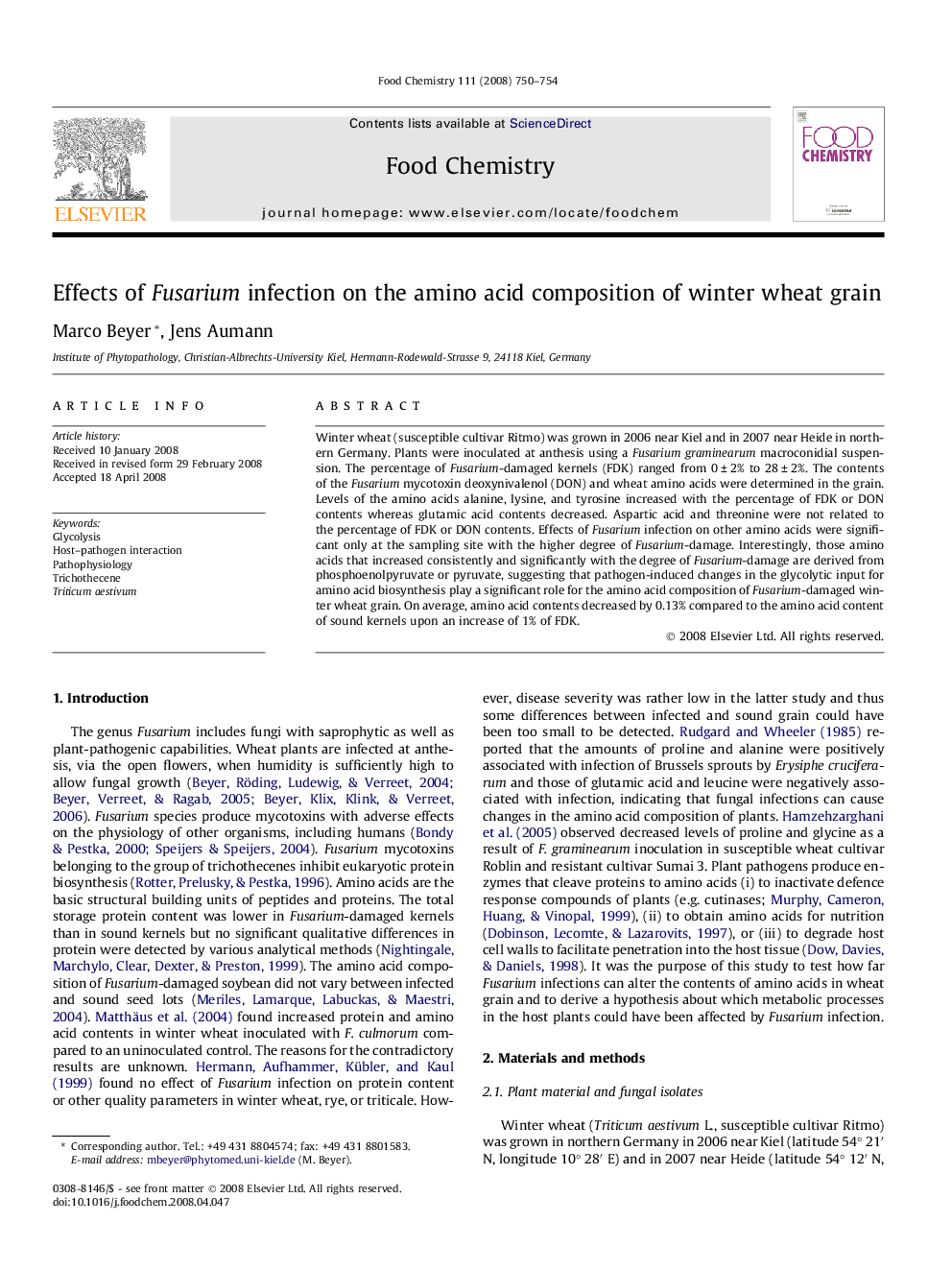 Effects of Fusarium infection on the amino acid composition of winter wheat grain