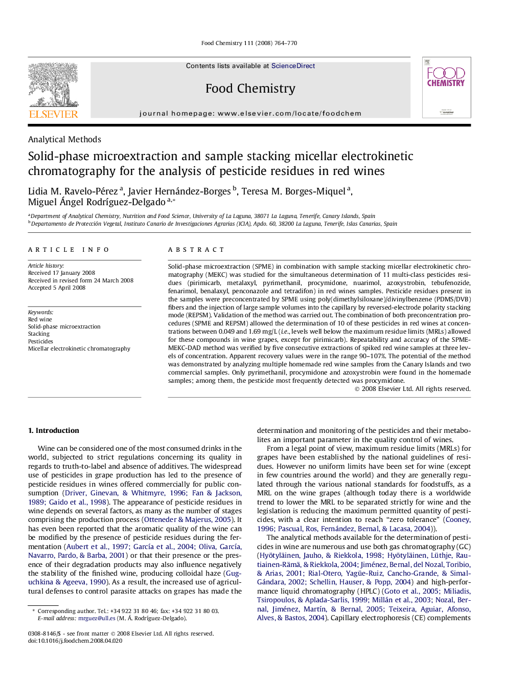 Solid-phase microextraction and sample stacking micellar electrokinetic chromatography for the analysis of pesticide residues in red wines