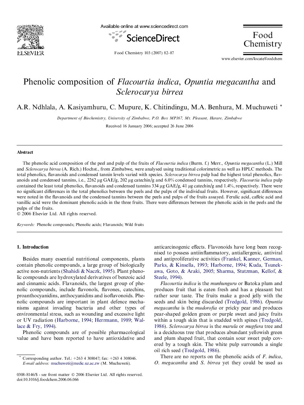 Phenolic composition of Flacourtia indica, Opuntia megacantha and Sclerocarya birrea