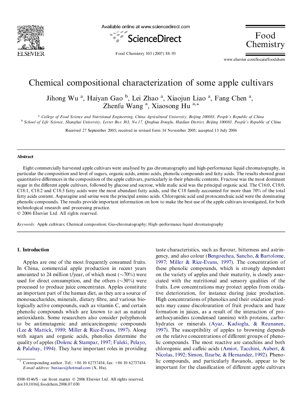 Chemical compositional characterization of some apple cultivars