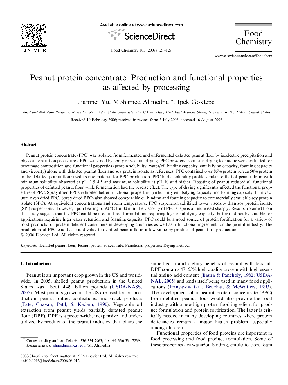 Peanut protein concentrate: Production and functional properties as affected by processing