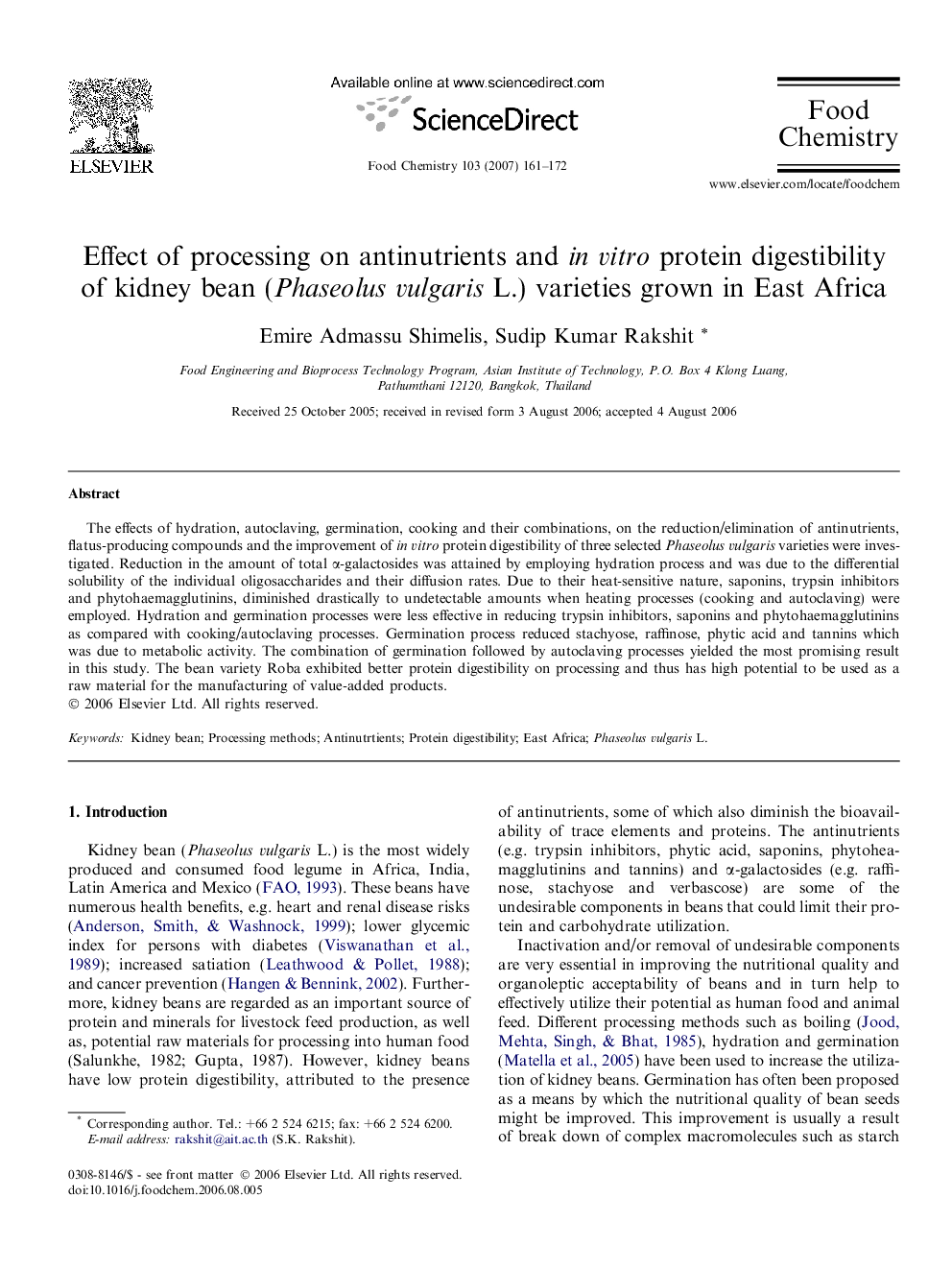 Effect of processing on antinutrients and in vitro protein digestibility of kidney bean (Phaseolus vulgaris L.) varieties grown in East Africa