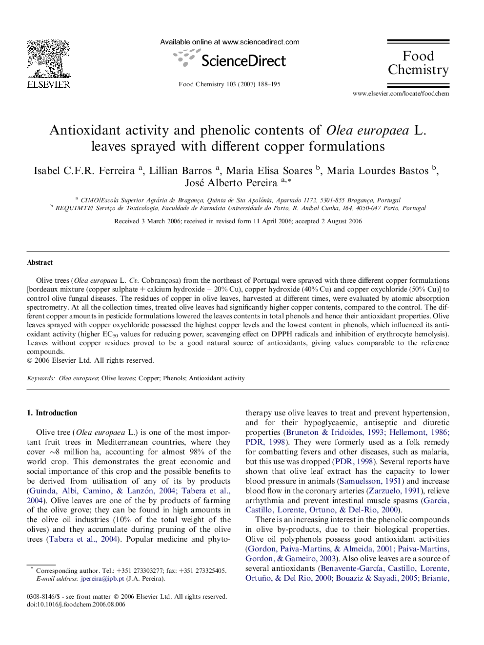 عکس صفحه اول مقاله: Antioxidant activity and phenolic contents of Olea europaea L. leaves sprayed with different copper formulations Antioxidant activity and phenolic contents of Olea europaea L. leaves sprayed with different copper formulations