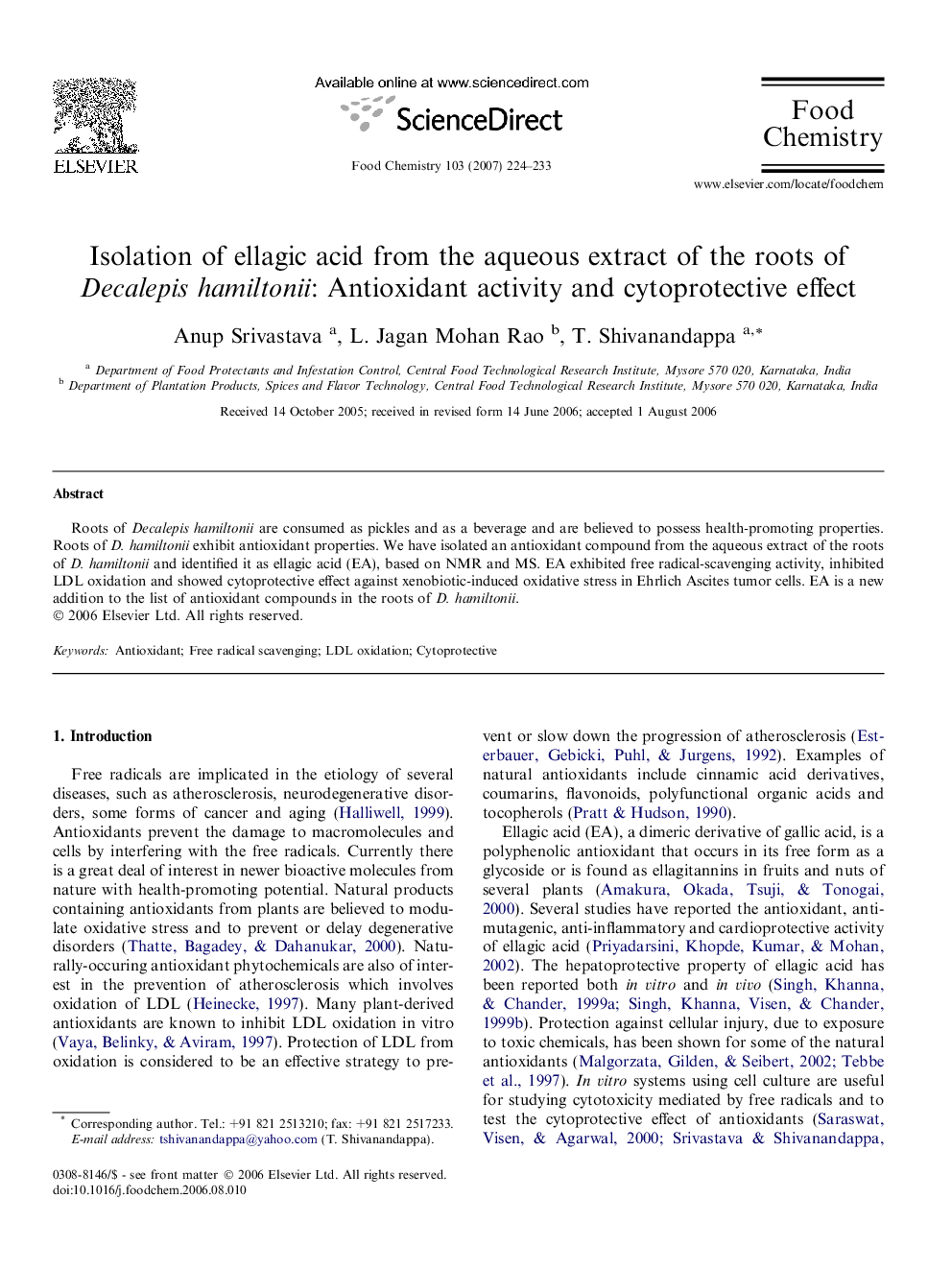 Isolation of ellagic acid from the aqueous extract of the roots of Decalepis hamiltonii: Antioxidant activity and cytoprotective effect