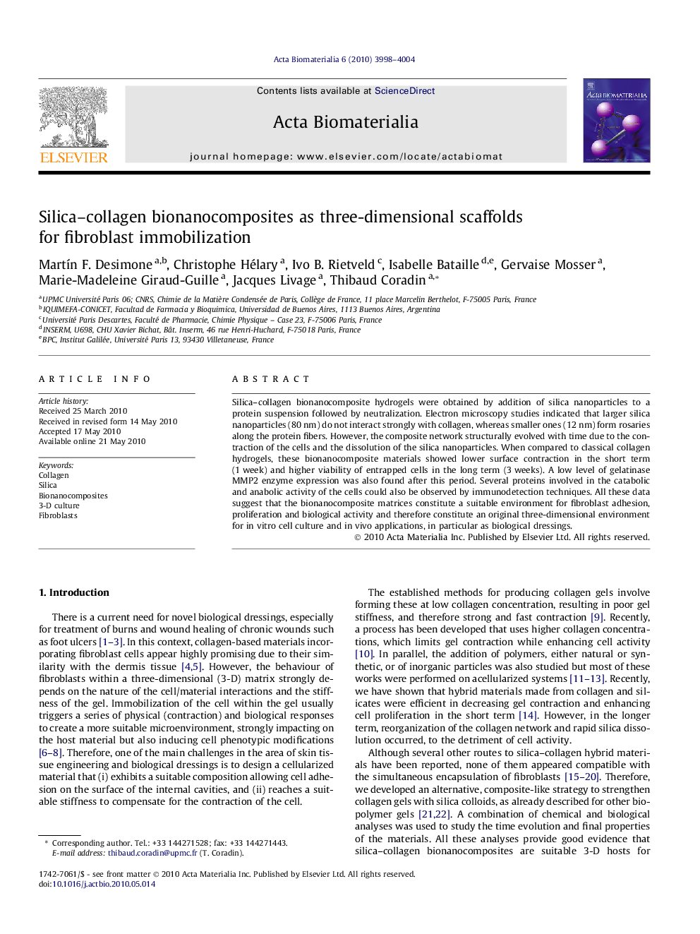 Silica–collagen bionanocomposites as three-dimensional scaffolds for fibroblast immobilization