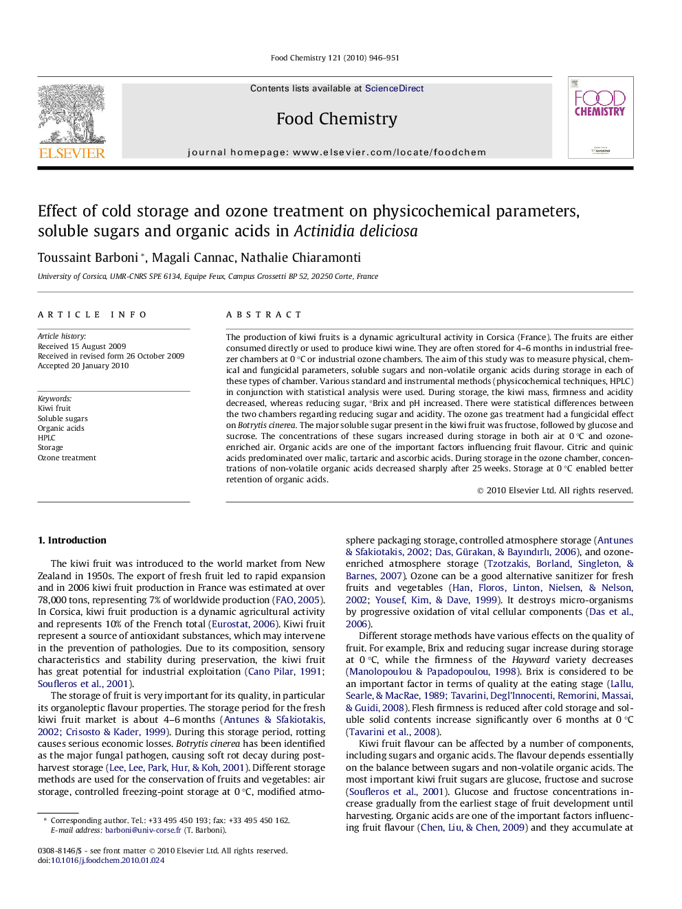 Effect of cold storage and ozone treatment on physicochemical parameters, soluble sugars and organic acids in Actinidia deliciosa