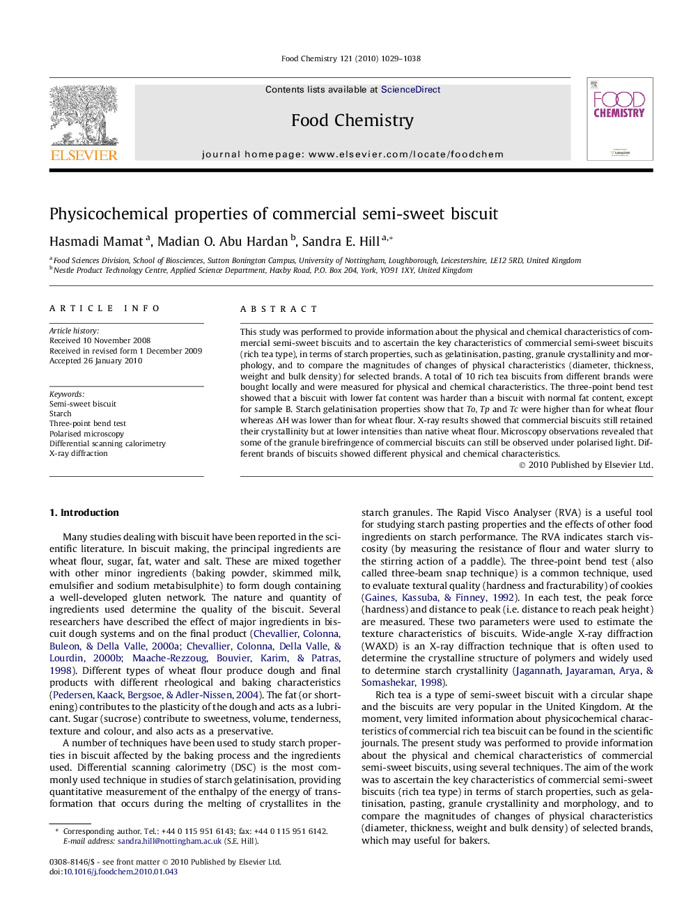 Physicochemical properties of commercial semi-sweet biscuit