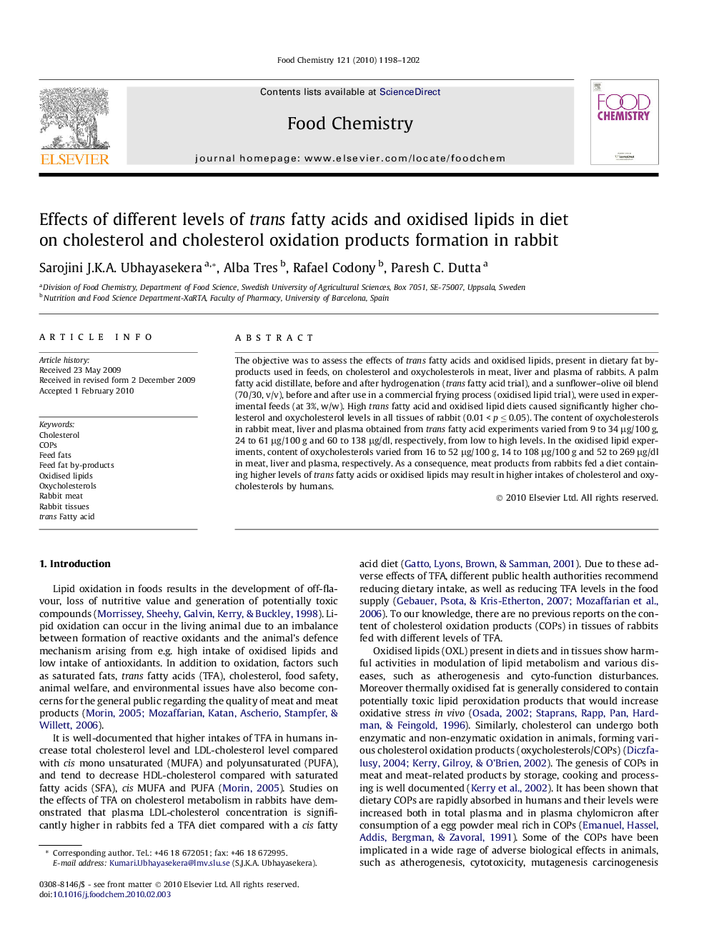 Effects of different levels of trans fatty acids and oxidised lipids in diet on cholesterol and cholesterol oxidation products formation in rabbit