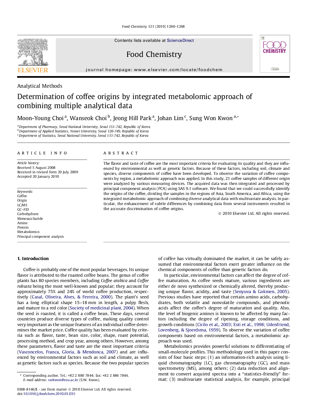 Determination of coffee origins by integrated metabolomic approach of combining multiple analytical data