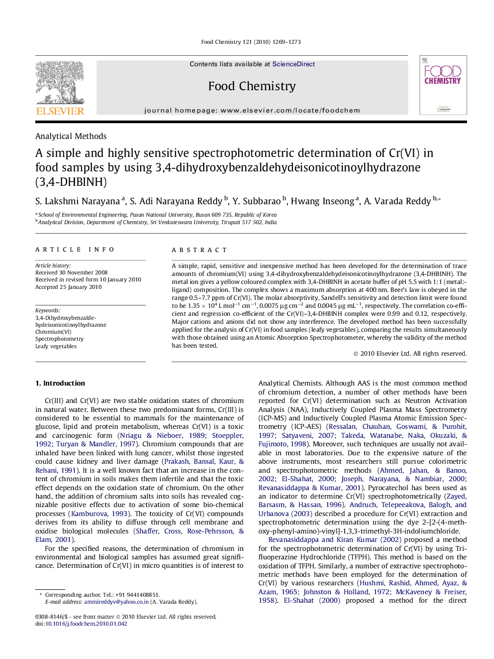 A simple and highly sensitive spectrophotometric determination of Cr(VI) in food samples by using 3,4-dihydroxybenzaldehydeisonicotinoylhydrazone (3,4-DHBINH)