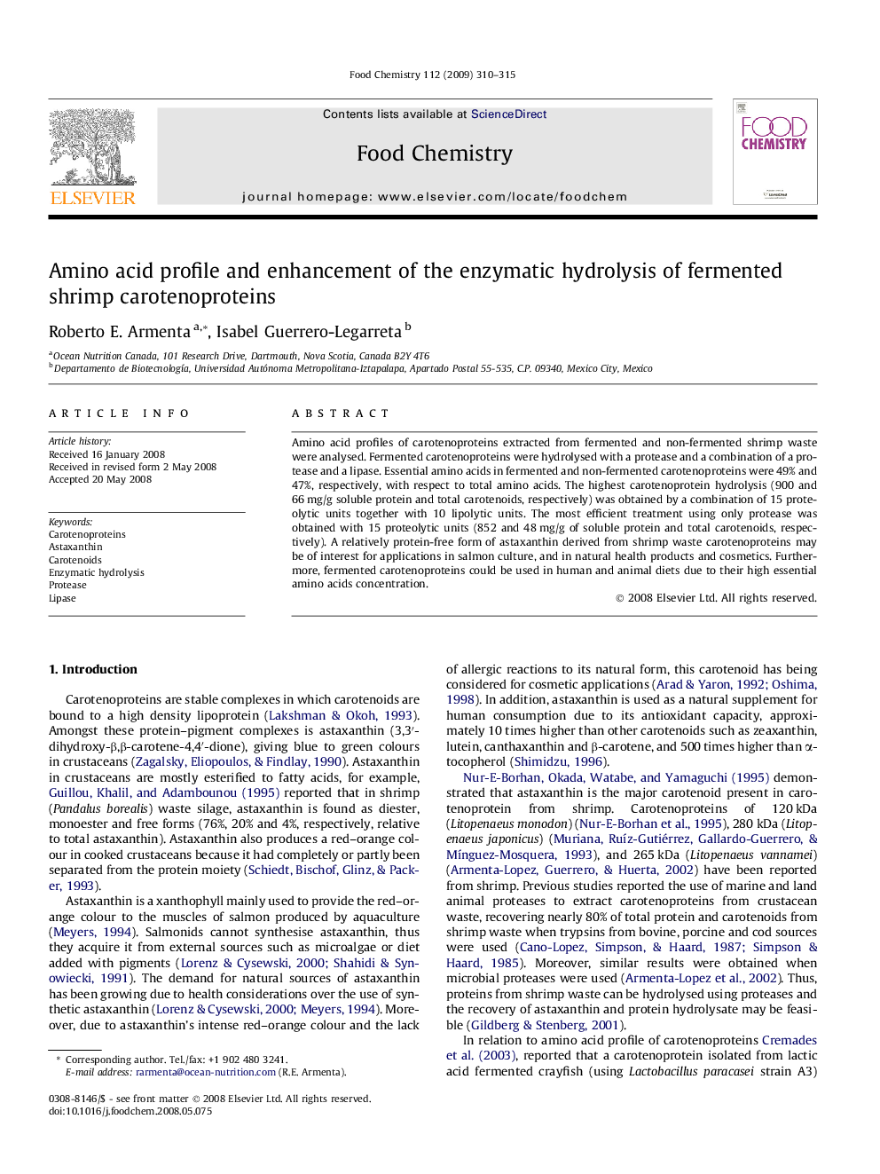 Amino acid profile and enhancement of the enzymatic hydrolysis of fermented shrimp carotenoproteins