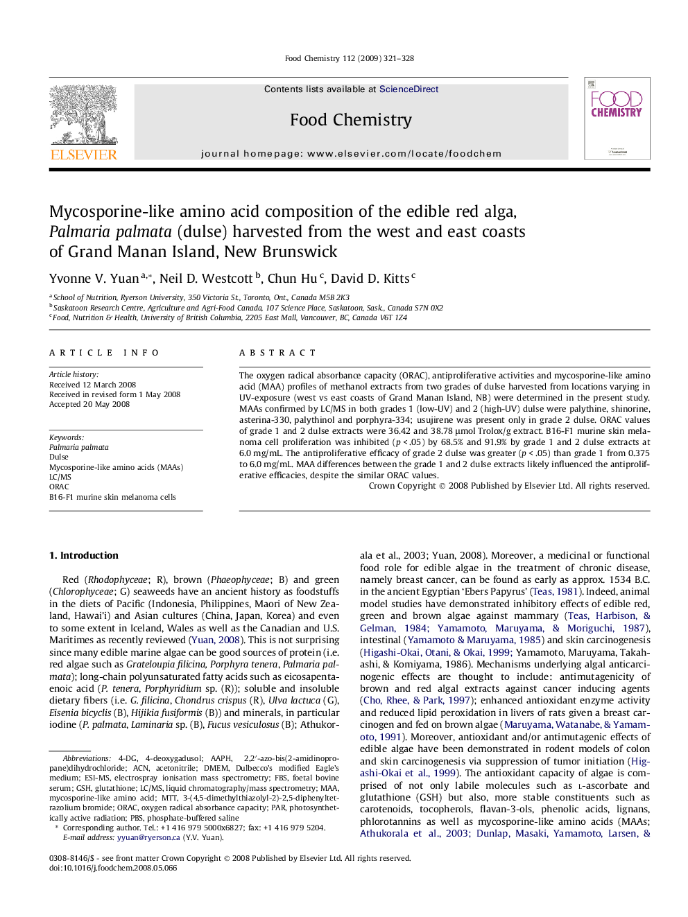 Mycosporine-like amino acid composition of the edible red alga, Palmaria palmata (dulse) harvested from the west and east coasts of Grand Manan Island, New Brunswick