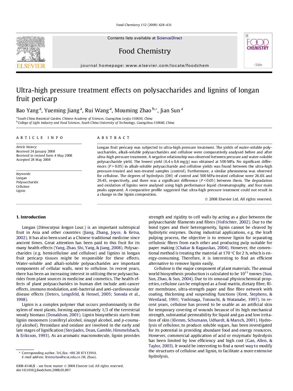 Ultra-high pressure treatment effects on polysaccharides and lignins of longan fruit pericarp